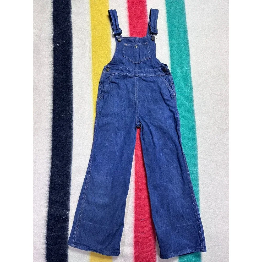 Vintage 1970s Kids Denim Bell Bottom Overalls, Happiness is… Size 8